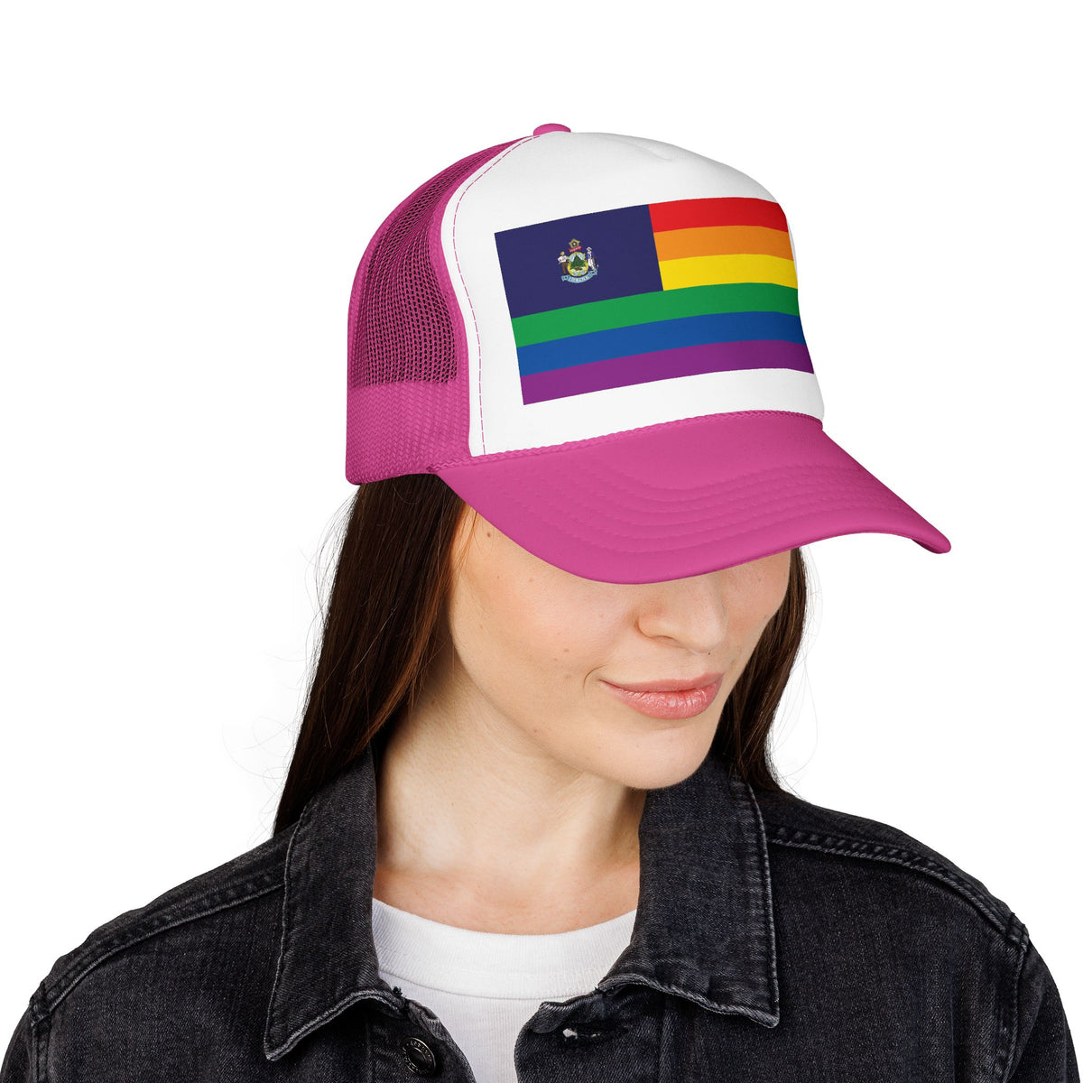 Maine Rainbow Pride Flag "UNITED" Printed Foam Trucker Hat, Several Color Options