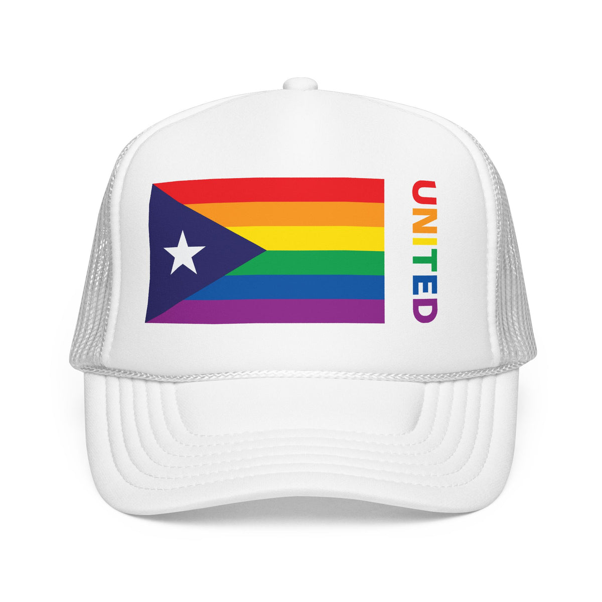 Puerto Rico Rainbow Pride Flag "UNITED" Printed Foam Trucker Hat, Several Color Options