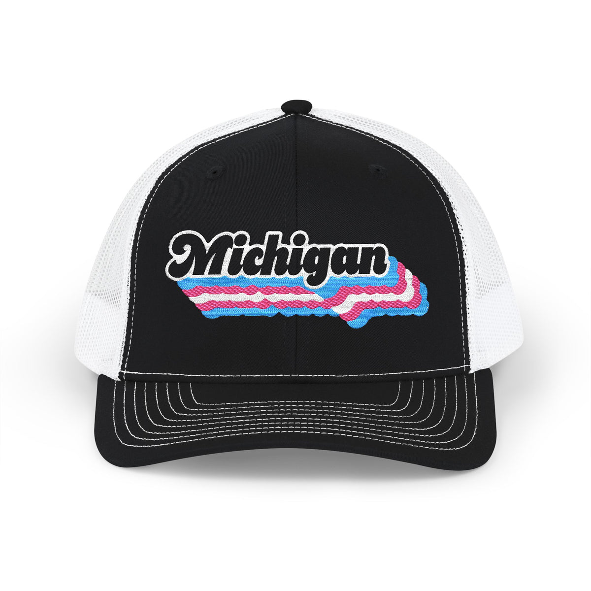 Michigan Transgender Pride Stack Embroidered Trucker, Snapback Trucker Cap, Black front with White mesh in back