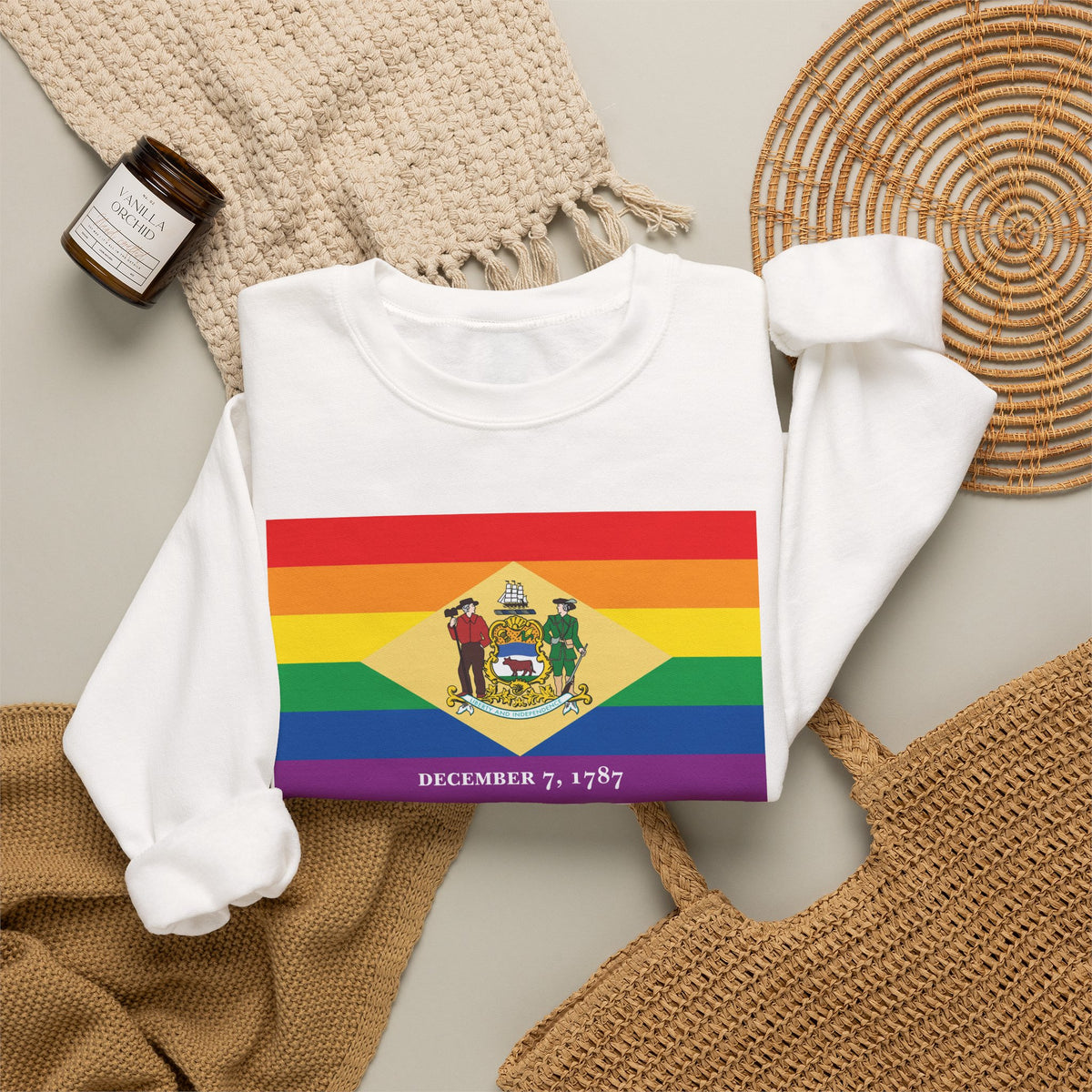Delaware Rainbow Pride Flag Unisex Crewneck Sweatshirt, White, Black or Light Pink