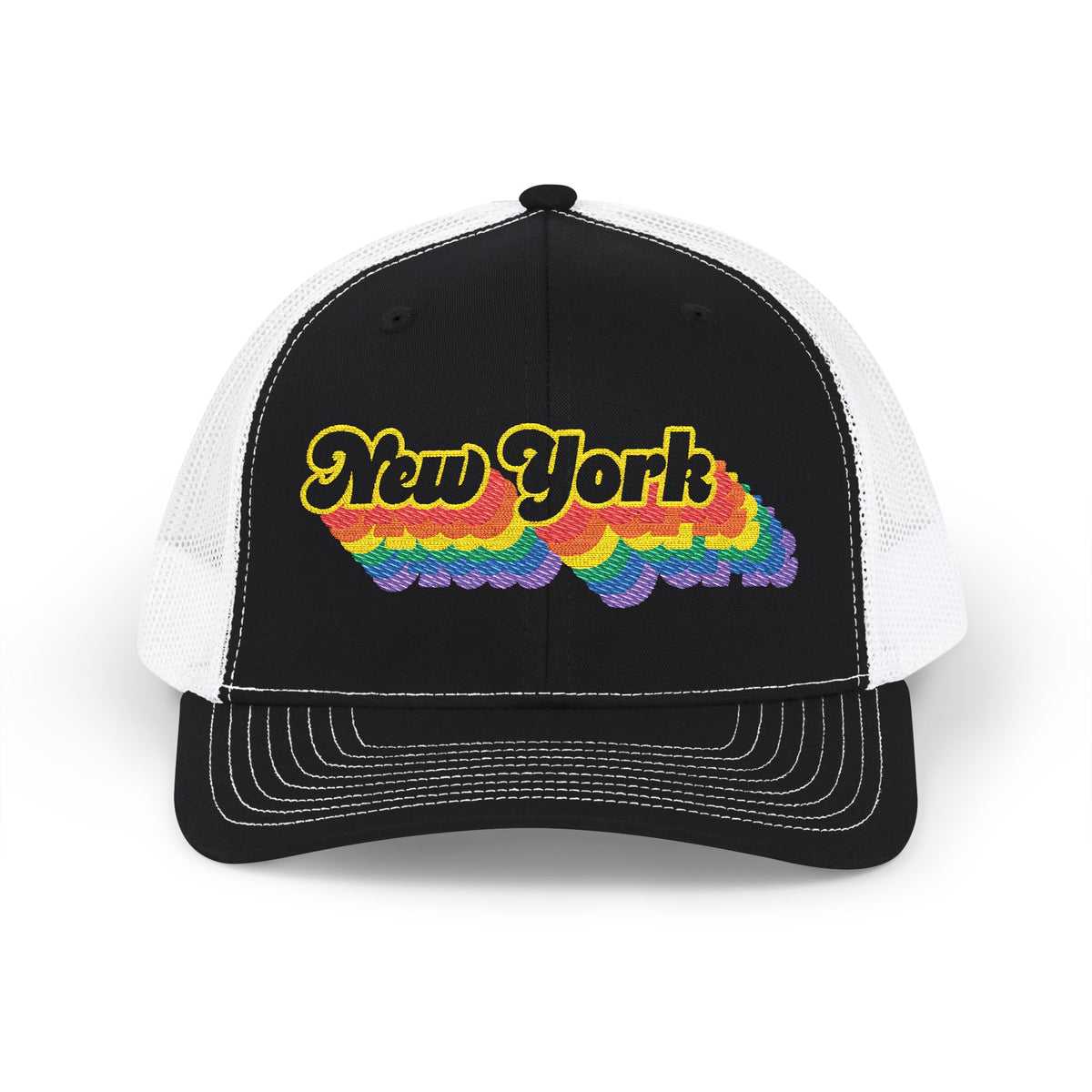 New York Retro Rainbow Stack Embroidered Trucker, Snapback Trucker Cap, Black front with White mesh in back