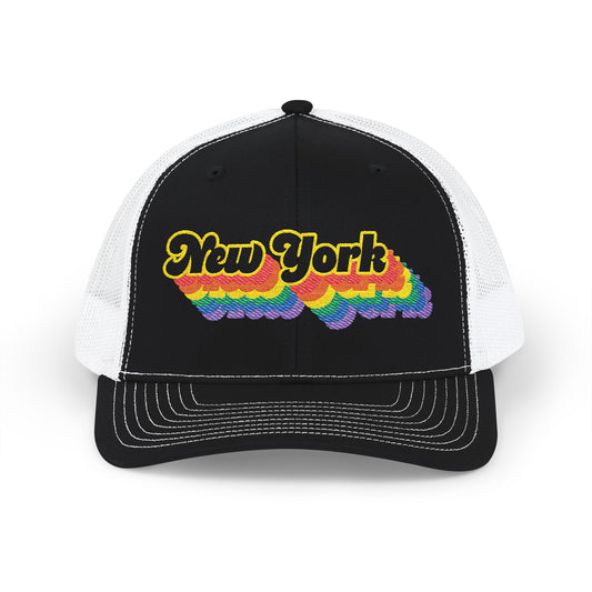 New York Retro Rainbow Stack Embroidered Trucker, Snapback Trucker Cap, Black front with White mesh in back