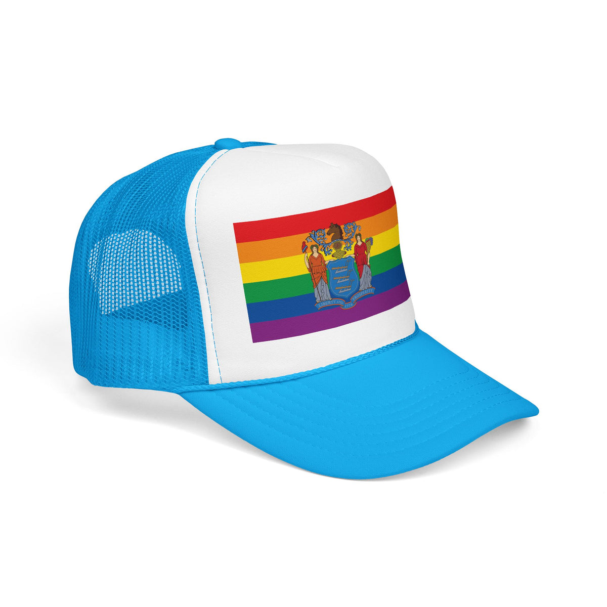 New Jersey Rainbow Pride Flag "UNITED" Printed Foam Trucker Hat, Several Color Options