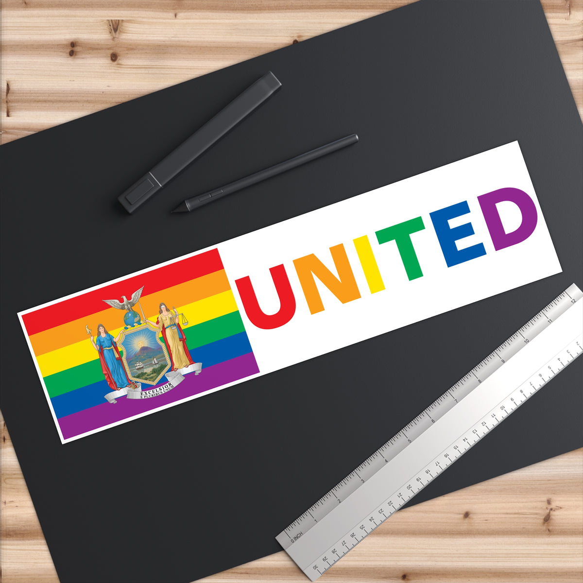 New York Rainbow Pride Flag "UNITED" Bumper Sticker