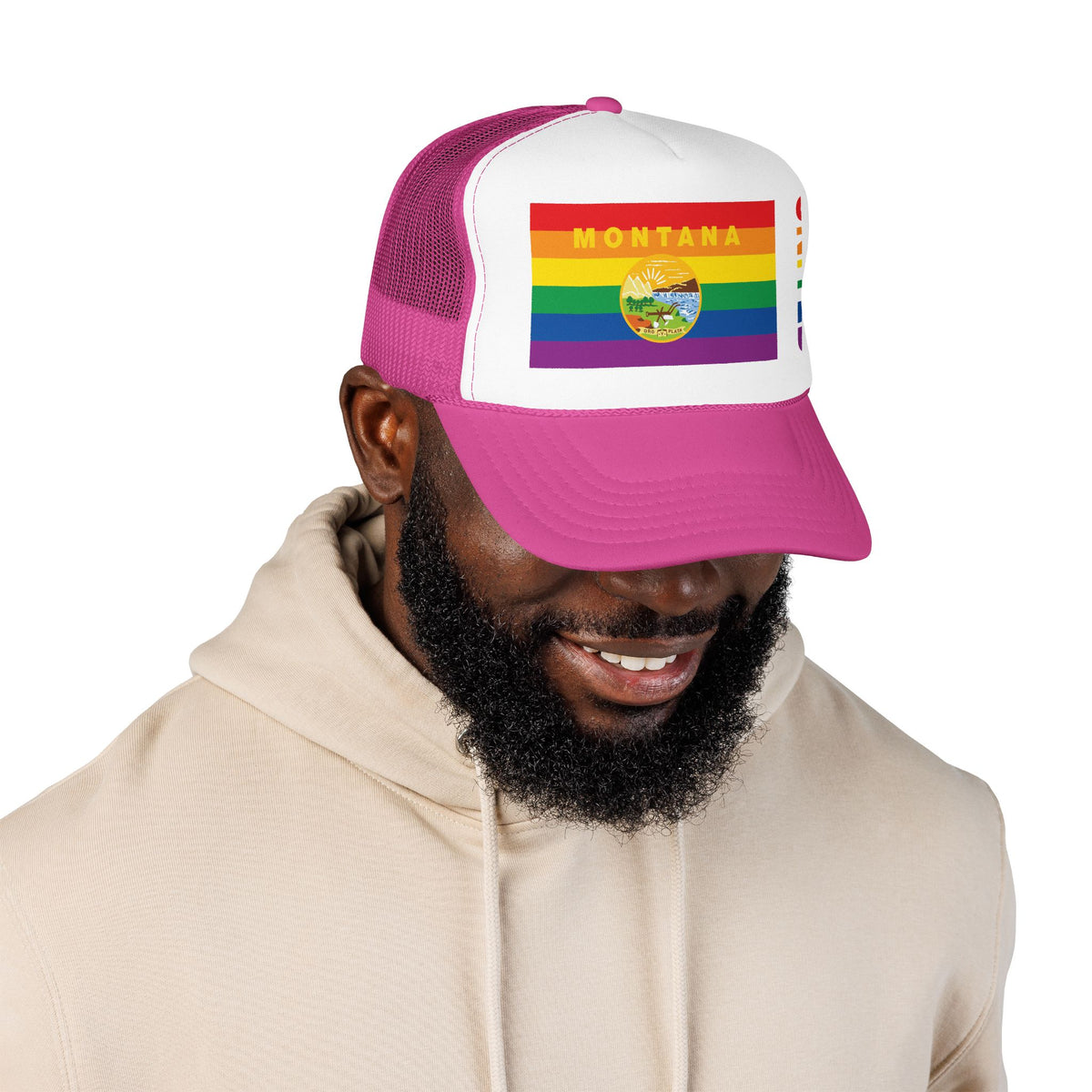 Montana Rainbow Pride Flag "UNITED" Printed Foam Trucker Hat, Several Color Options