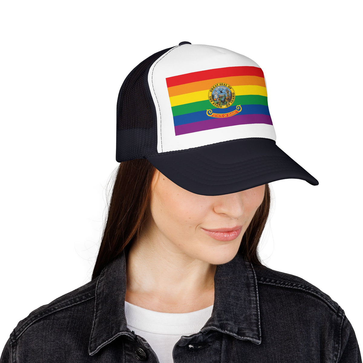 Idaho Rainbow Pride Flag "UNITED" Printed Foam Trucker Hat, Several Color Options