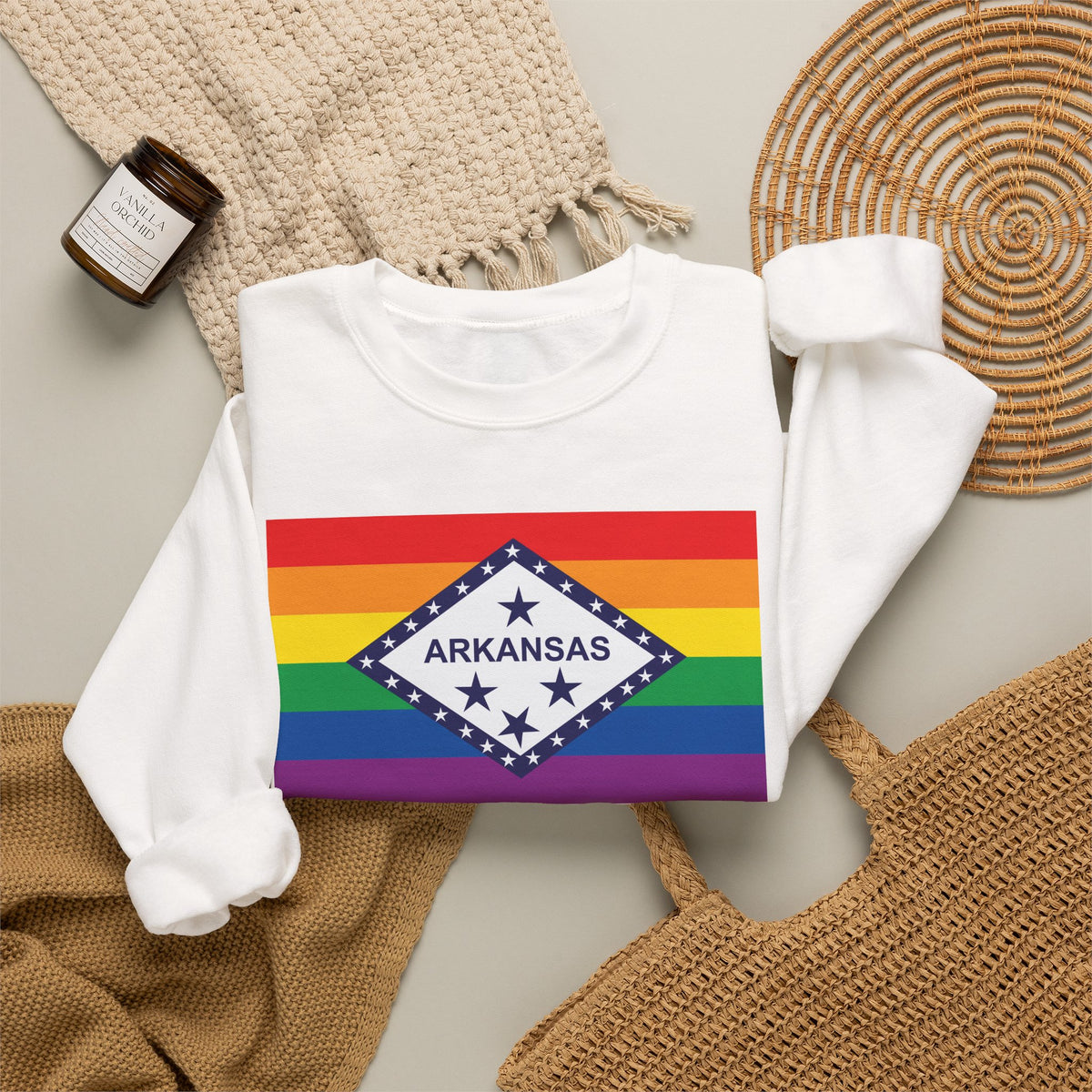 Arkansas Rainbow Pride Flag Unisex Crewneck Sweatshirt, White, Black or Light Pink