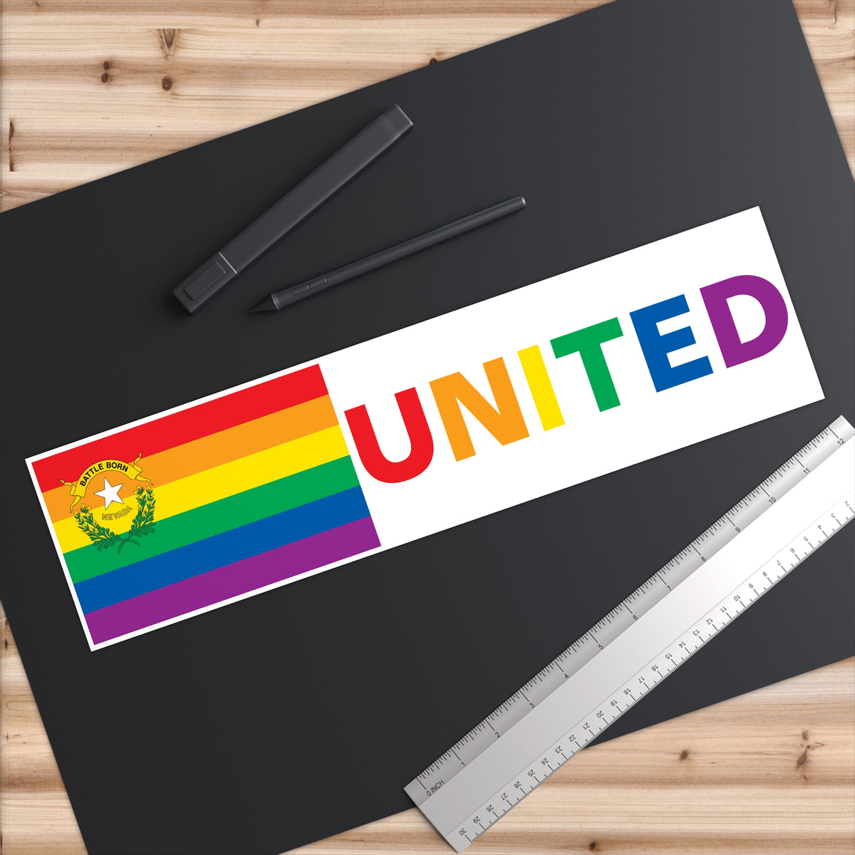 Nevada Rainbow Pride Flag "UNITED" Bumper Sticker