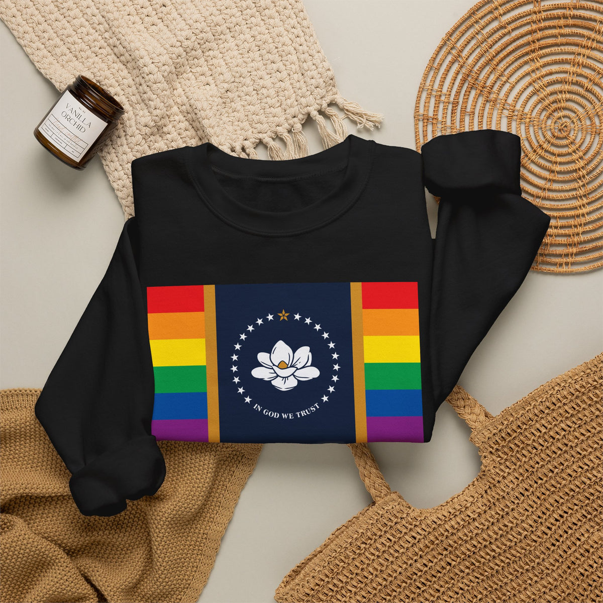 Mississippi Rainbow Pride Flag Unisex Crewneck Sweatshirt, White, Black or Light Pink