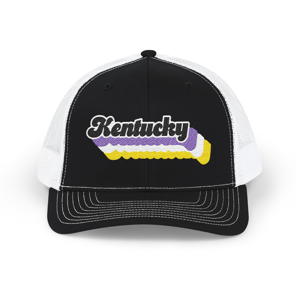 Kentucky Non-binary Pride Stack Embroidered Trucker, Snapback Trucker Cap, Black front with White mesh in back