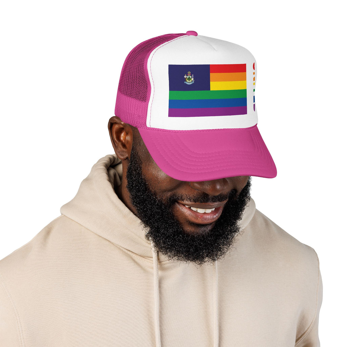 Maine Rainbow Pride Flag "UNITED" Printed Foam Trucker Hat, Several Color Options