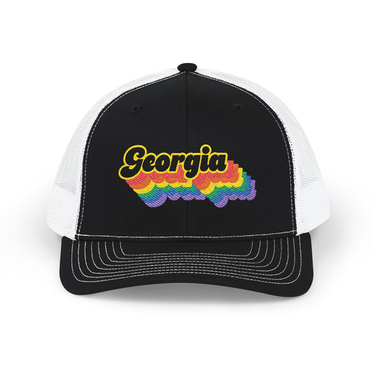Georgia Retro Rainbow Stack Embroidered Trucker, Snapback Trucker Cap, Black front with White mesh in back