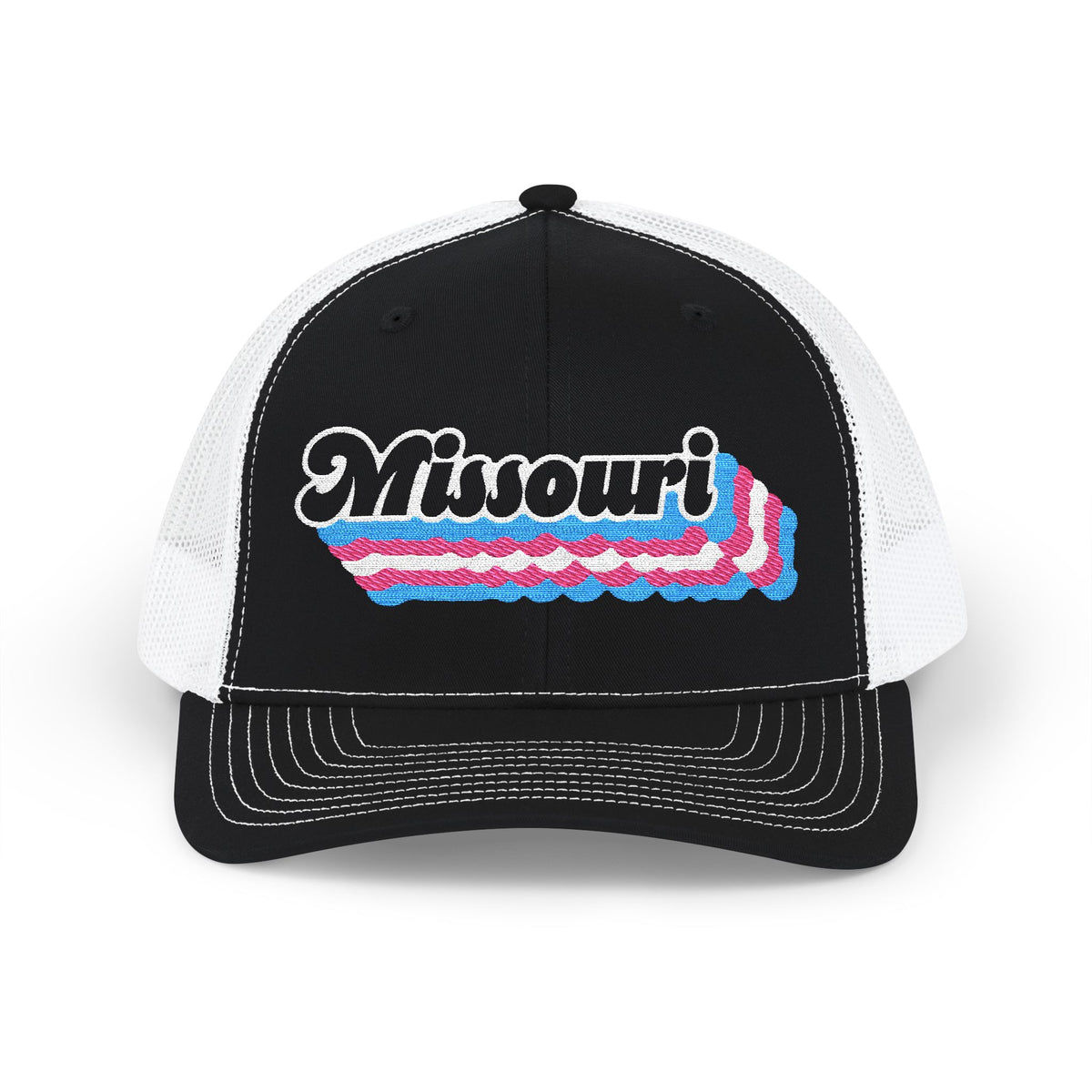 Missouri Transgender Pride Stack Embroidered Trucker, Snapback Trucker Cap, Black front with White mesh in back