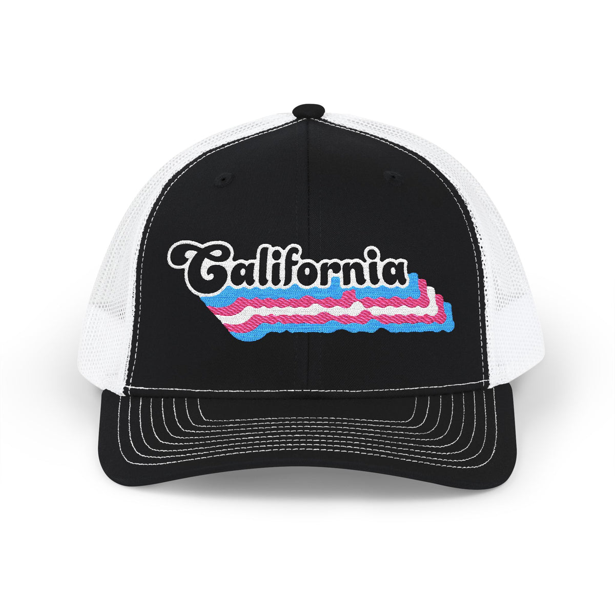California Transgender Pride Stack Embroidered Trucker, Snapback Trucker Cap, Black front with White mesh in back