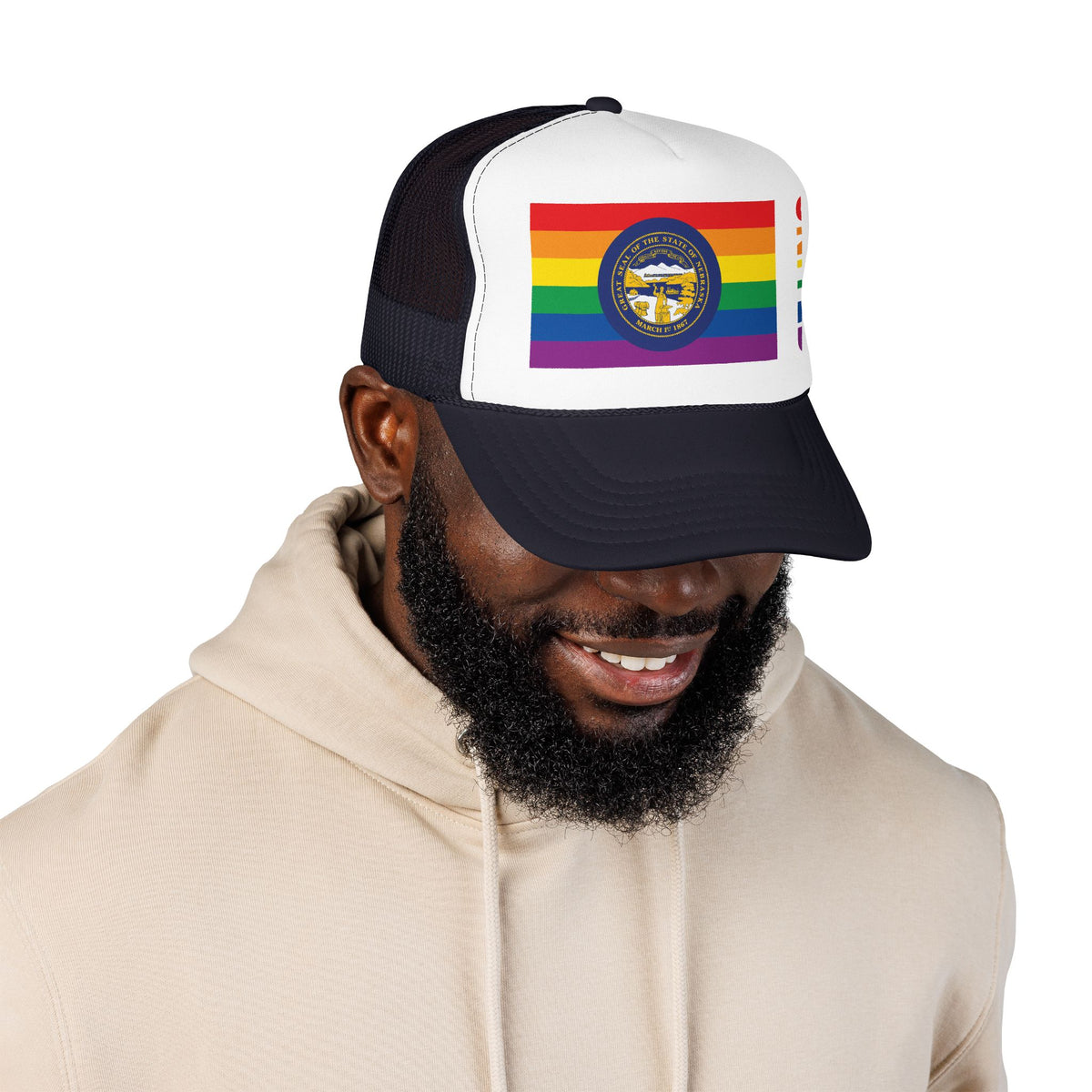 Nebraska Rainbow Pride Flag "UNITED" Printed Foam Trucker Hat, Several Color Options
