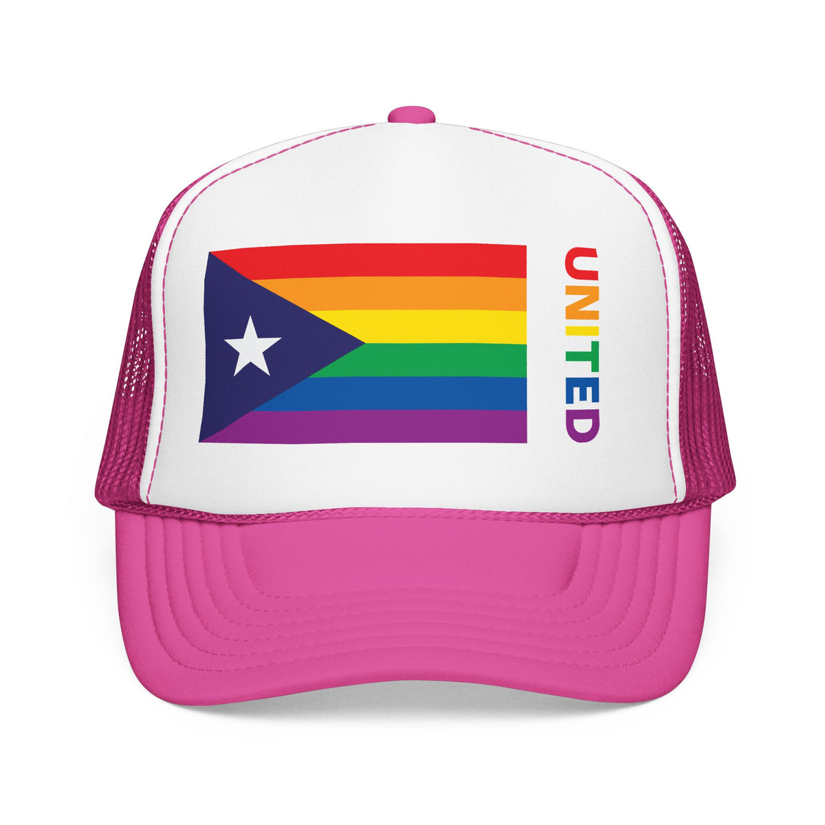 Puerto Rico Rainbow Pride Flag "UNITED" Printed Foam Trucker Hat, Several Color Options