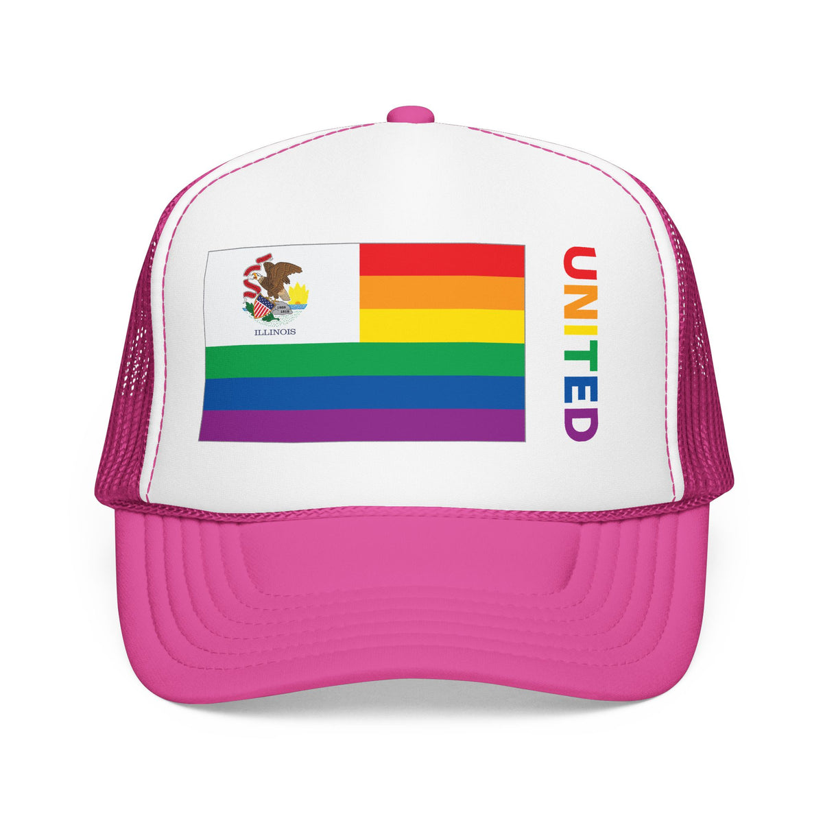 Illinois Rainbow Pride Flag "UNITED" Printed Foam Trucker Hat, Several Color Options