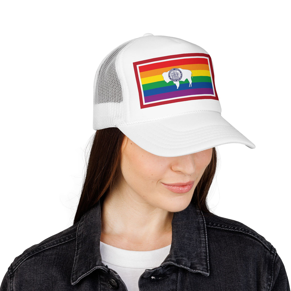 Wyoming Rainbow Pride Flag "UNITED" Printed Foam Trucker Hat, Several Color Options