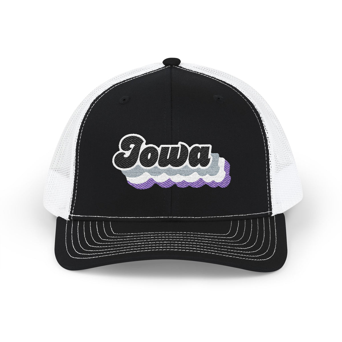 Iowa Asexual Pride Stack Embroidered Trucker, Snapback Trucker Cap, Black front with White mesh in back