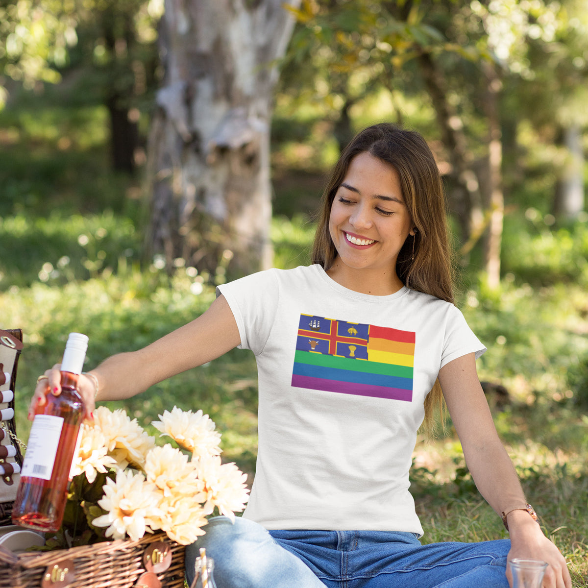 Adelaide, Australia Pride flag T-shirt on a model