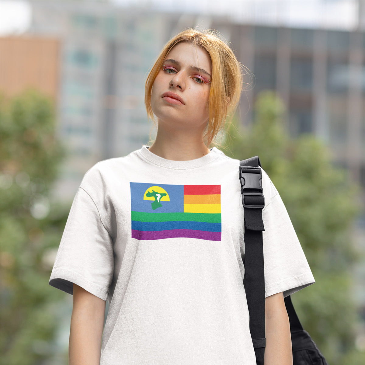 Auckland, New Zealand Pride flag T-shirt on a model