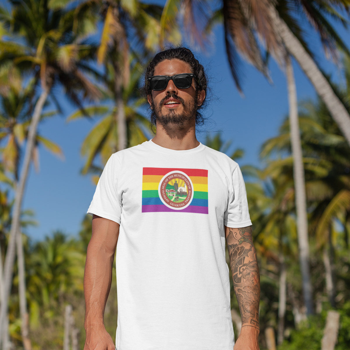Hagåtña, Guam Pride flag T-shirt on a model