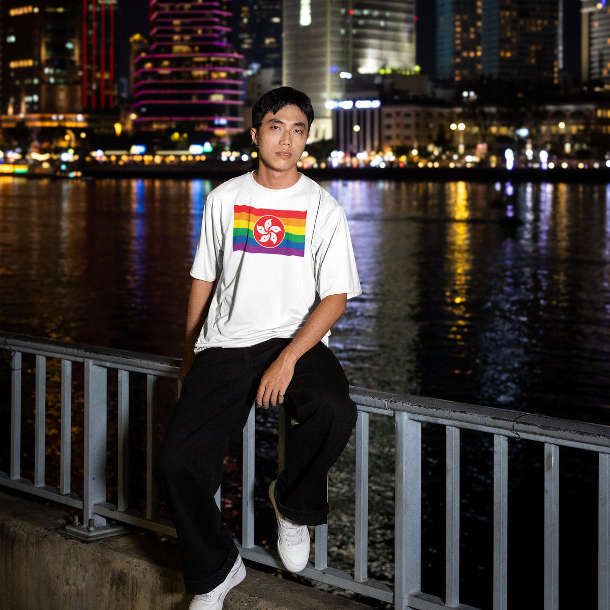 Hong Kong Pride flag T-shirt on a model