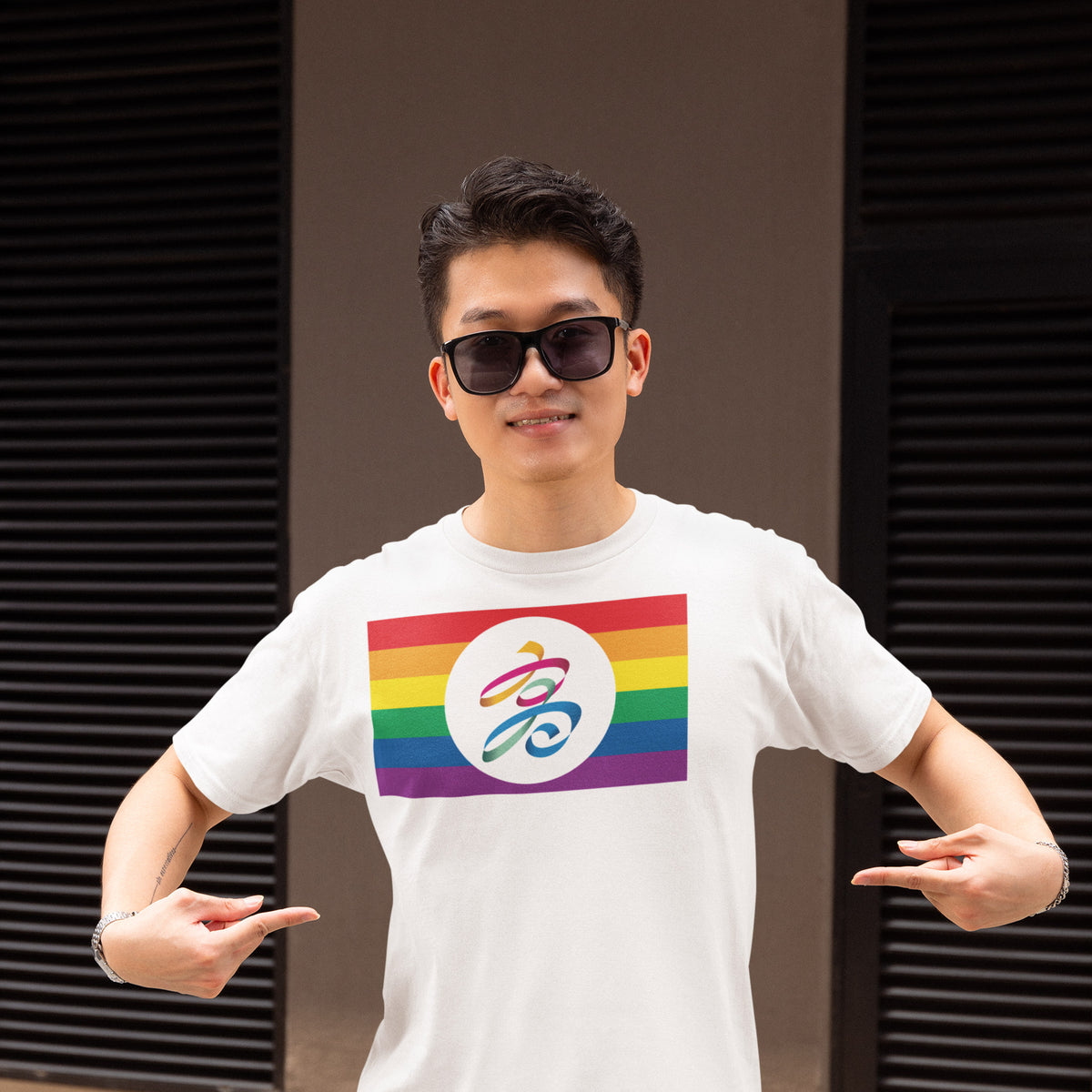 Kaohsiung, Taiwan Pride flag T-shirt on a model