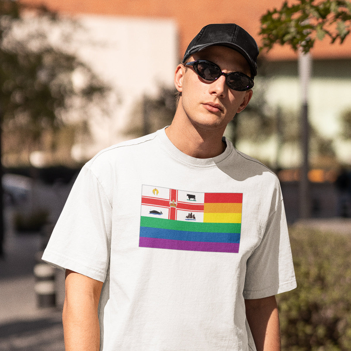 Melbourne, Australia Pride flag T-shirt on a model