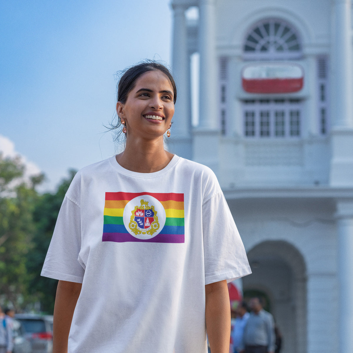 Mumbai, India Pride flag T-shirt on a model