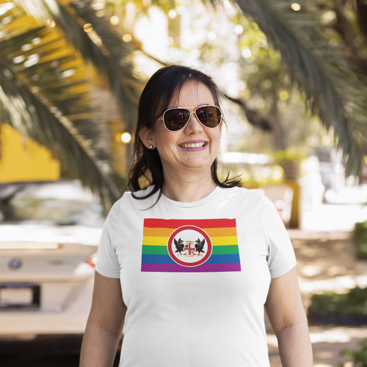 Perth, Australia Pride flag T-shirt on a model