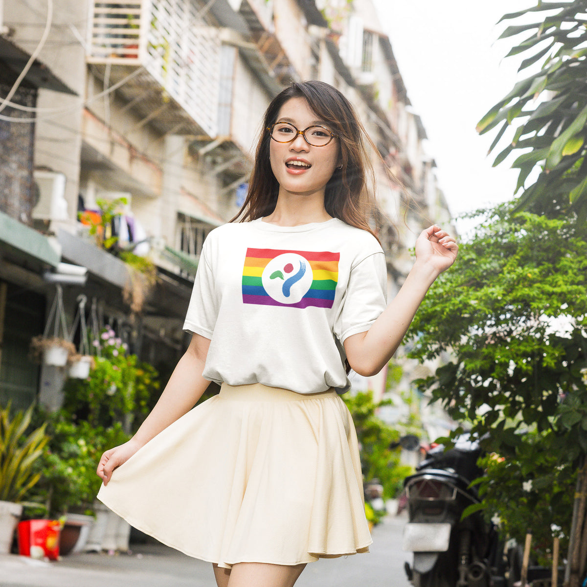 Seoul, South Korea Pride flag T-shirt on a model