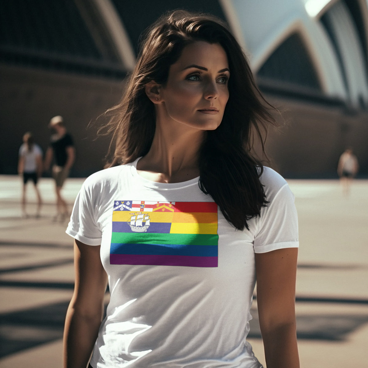 Sydney, Australia Pride flag T-shirt on a model