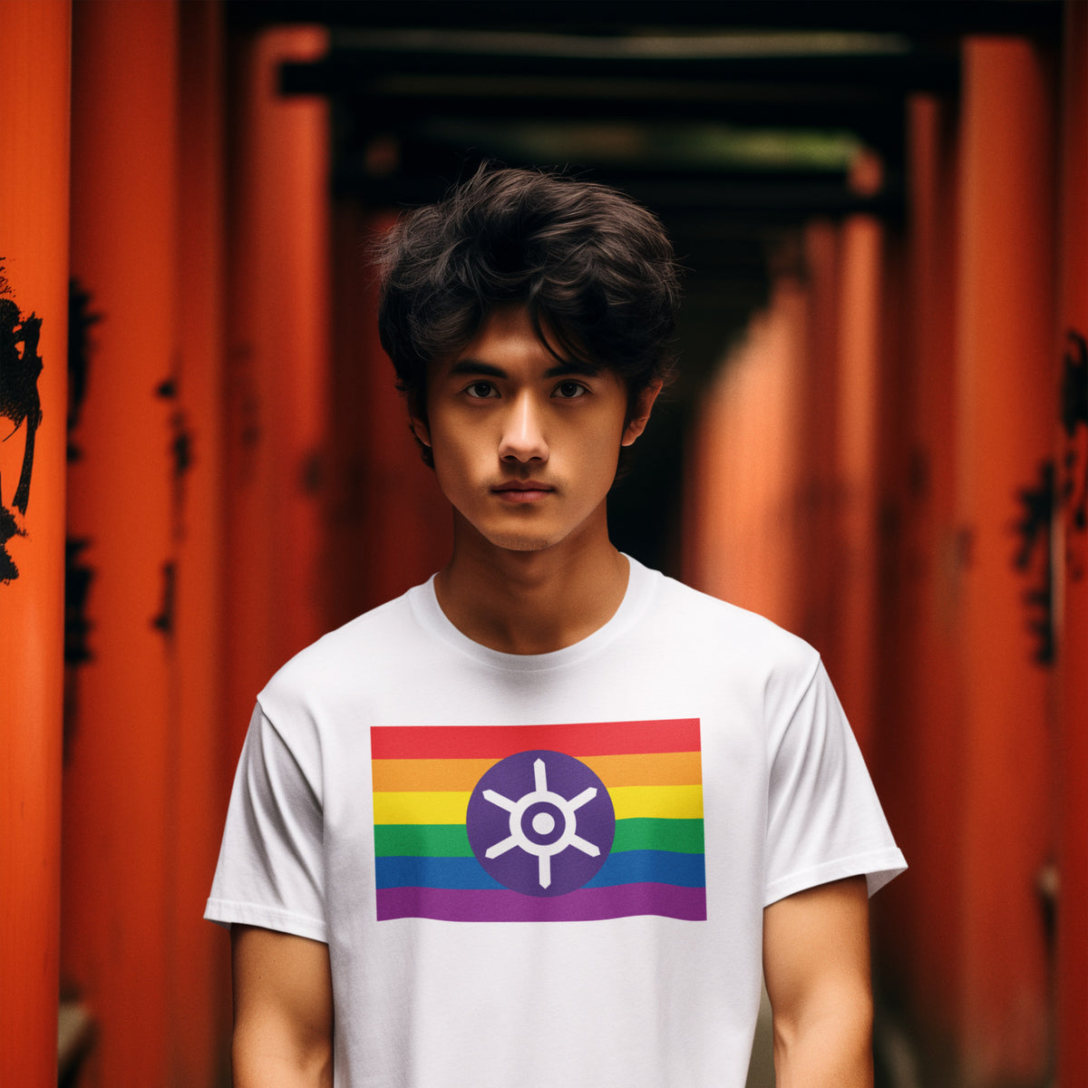 Tokyo, Japan Pride flag T-shirt on a model