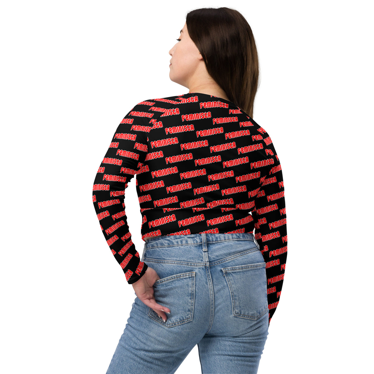 FEMINISTA Medusa Recycled long-sleeve crop top - Red, Black and White Deco on Black