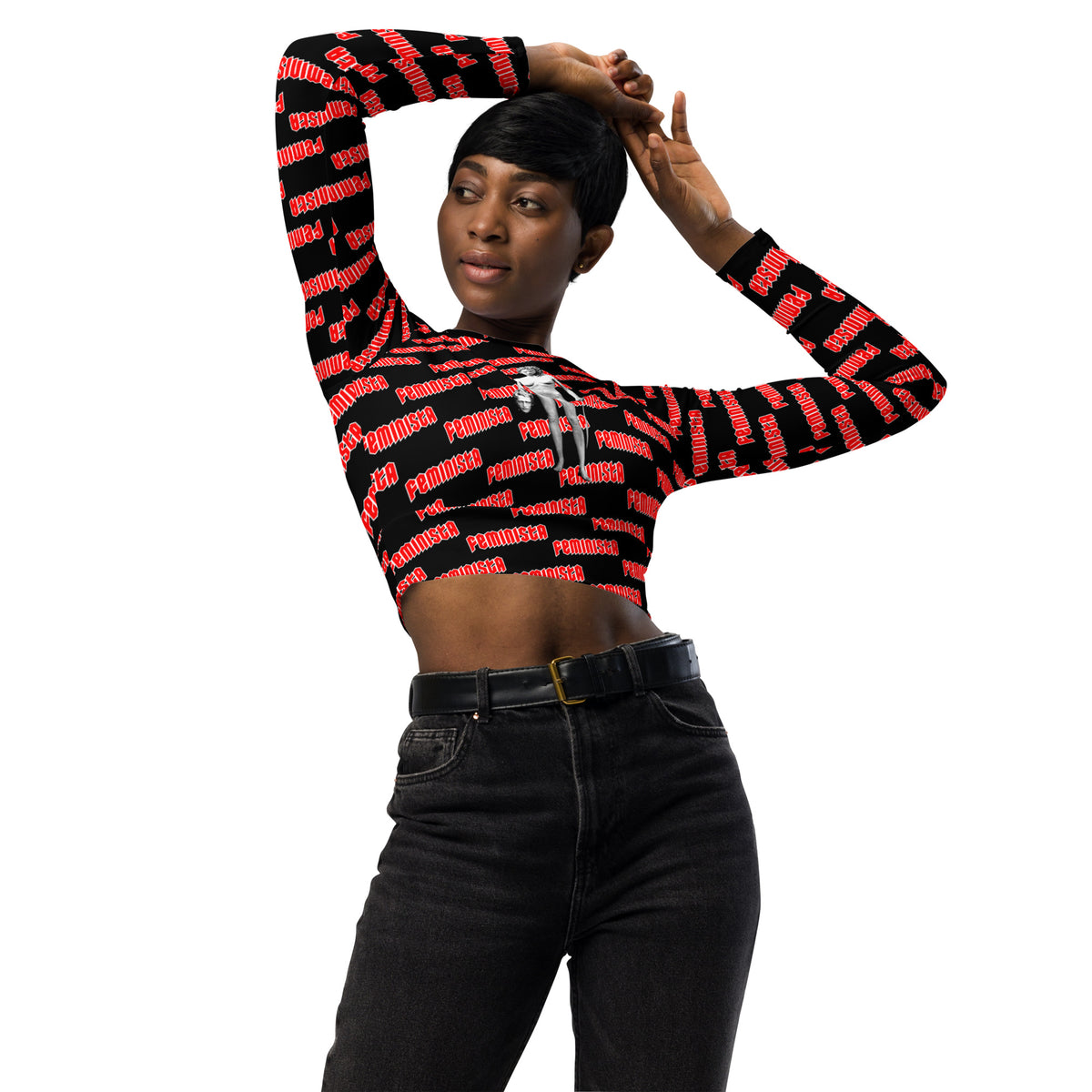 FEMINISTA Medusa Recycled long-sleeve crop top - Red, Black and White Deco on Black