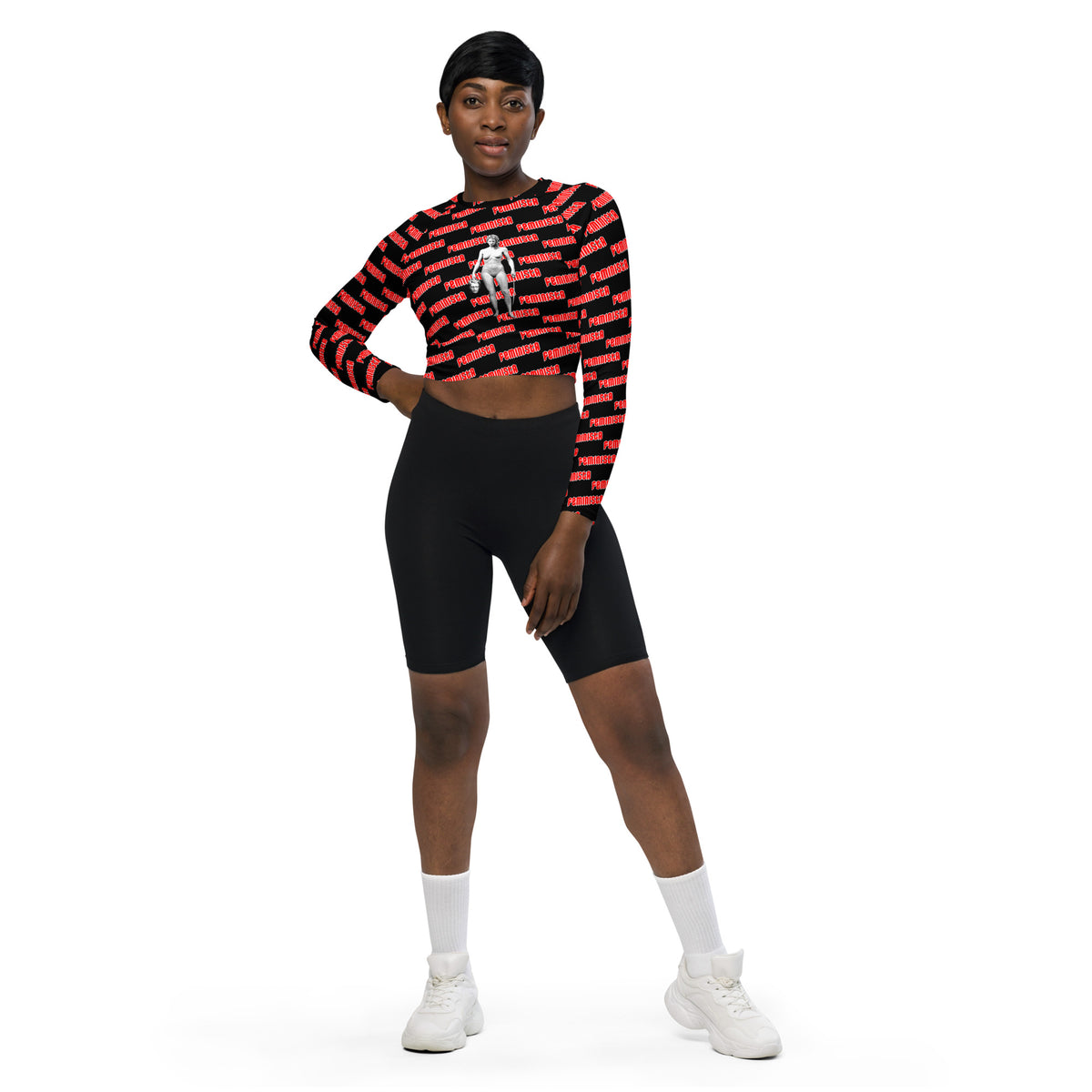FEMINISTA Medusa Recycled long-sleeve crop top - Red, Black and White Deco on Black