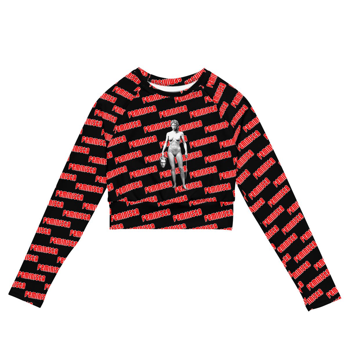 FEMINISTA Medusa Recycled long-sleeve crop top - Red, Black and White Deco on Black