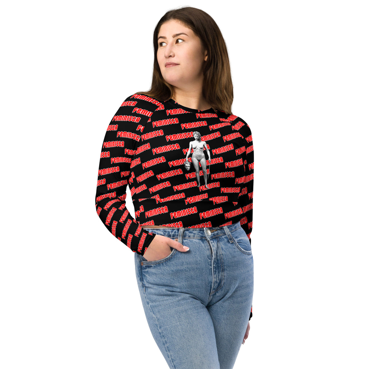 FEMINISTA Medusa Recycled long-sleeve crop top - Red, Black and White Deco on Black