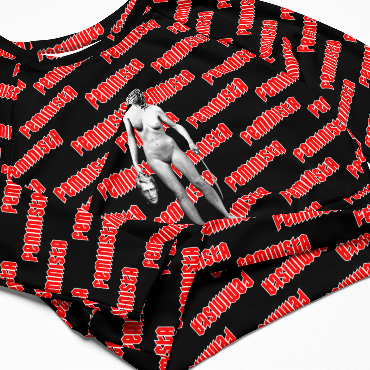 FEMINISTA Medusa Recycled long-sleeve crop top - Red, Black and White Deco on Black
