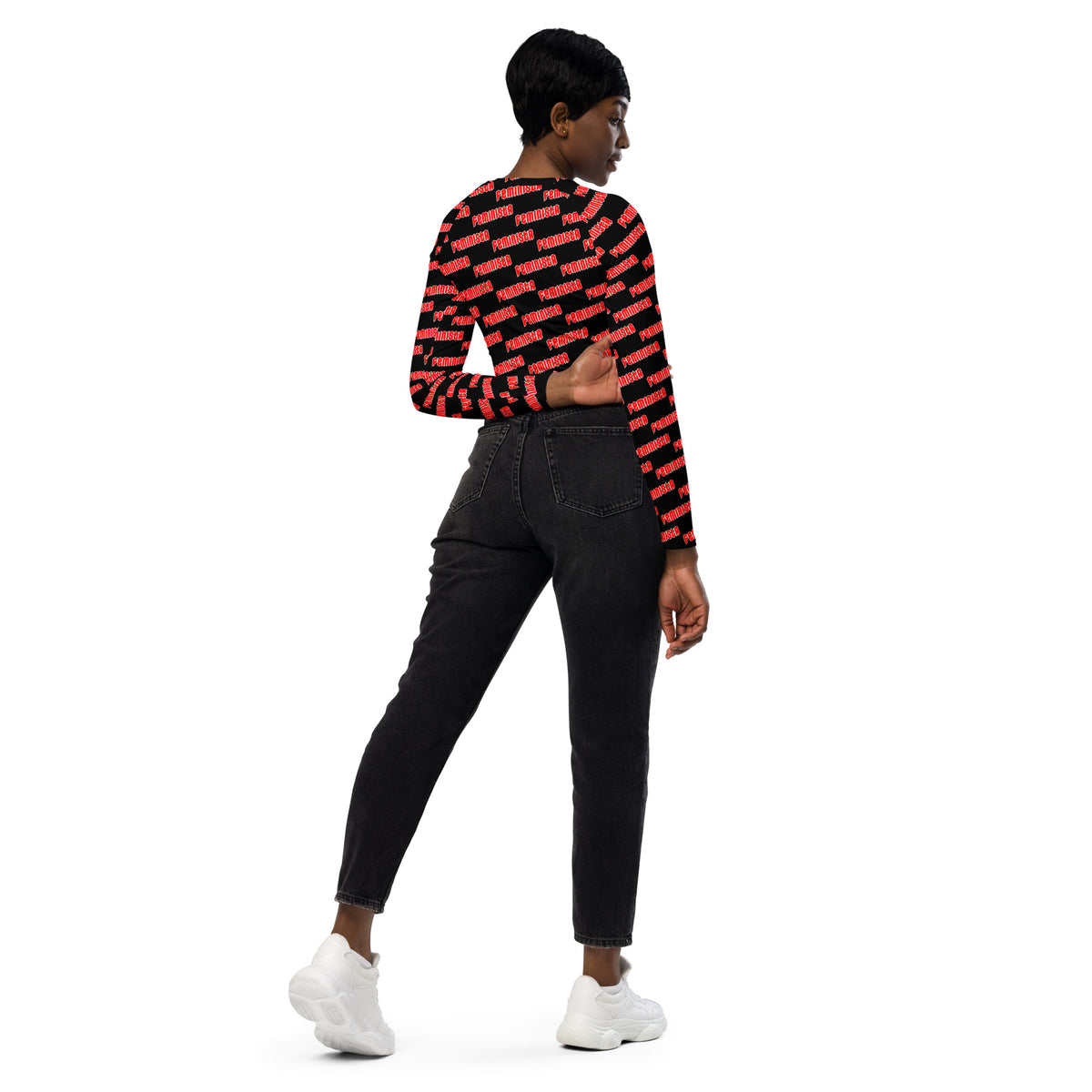 FEMINISTA Medusa Recycled long-sleeve crop top - Red, Black and White Deco on Black