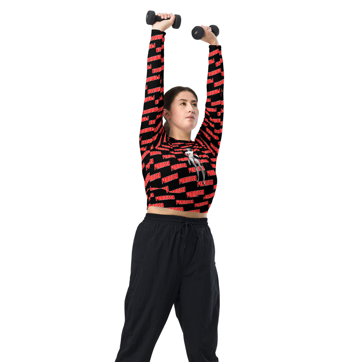 FEMINISTA Medusa Recycled long-sleeve crop top - Red, Black and White Deco on Black