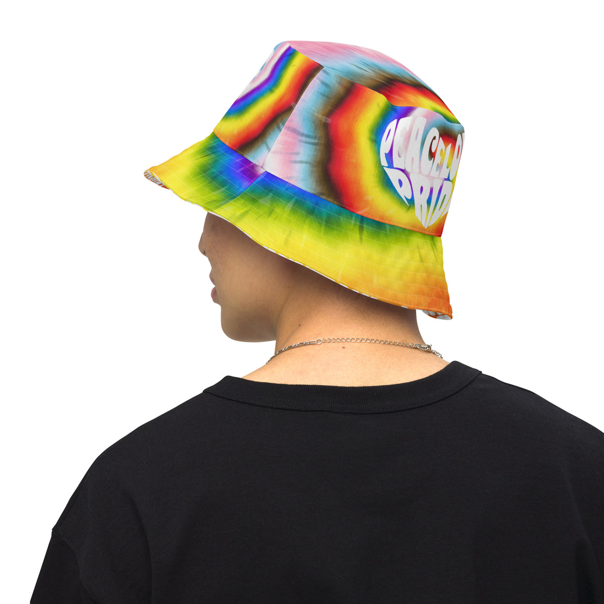 PEACE LOVE PRIDE Reversible Bucket Hat - progress pride tie-dye deco