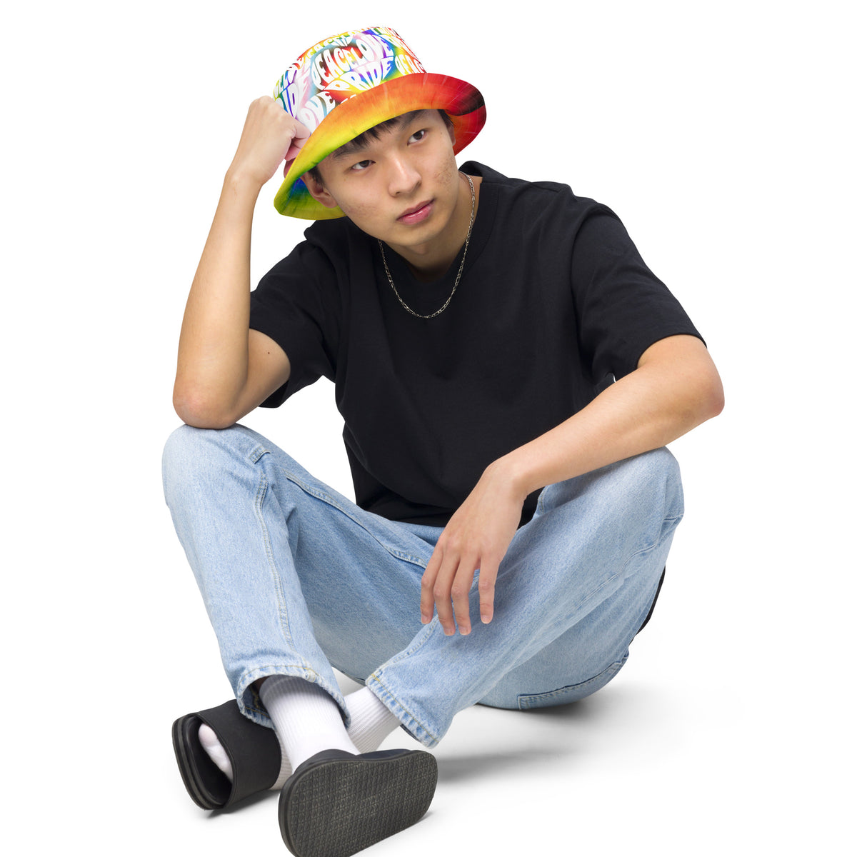 PEACE LOVE PRIDE Reversible Bucket Hat - progress pride tie-dye deco