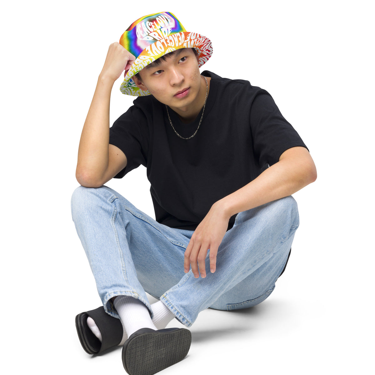 PEACE LOVE PRIDE Reversible Bucket Hat - progress pride tie-dye deco