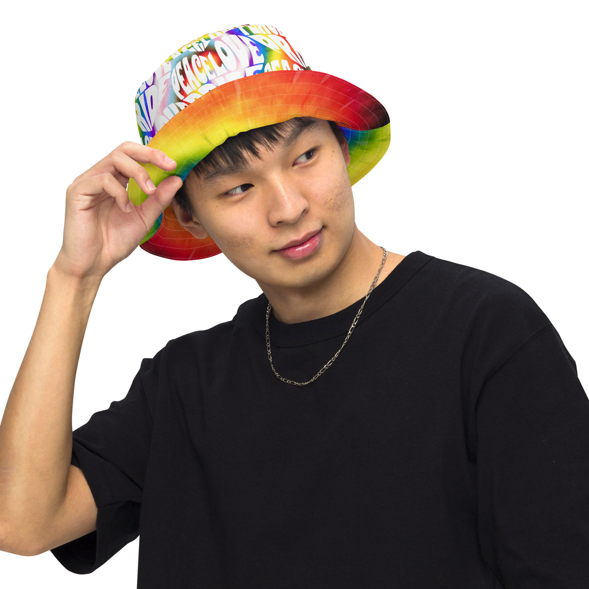 PEACE LOVE PRIDE Reversible Bucket Hat - progress pride tie-dye deco
