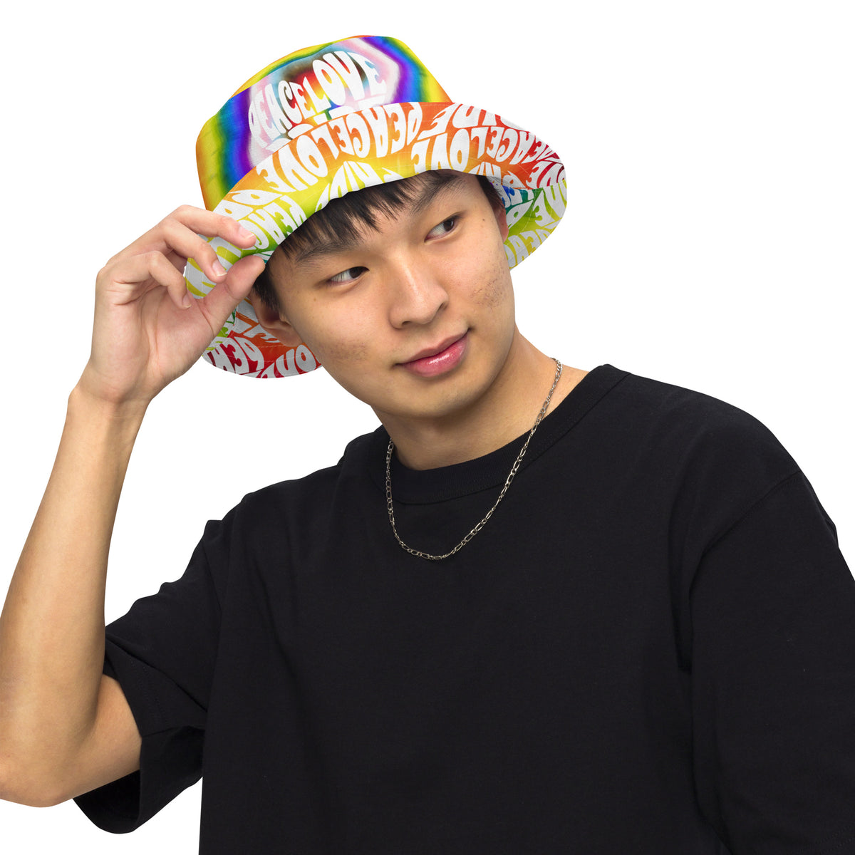 PEACE LOVE PRIDE Reversible Bucket Hat - progress pride tie-dye deco