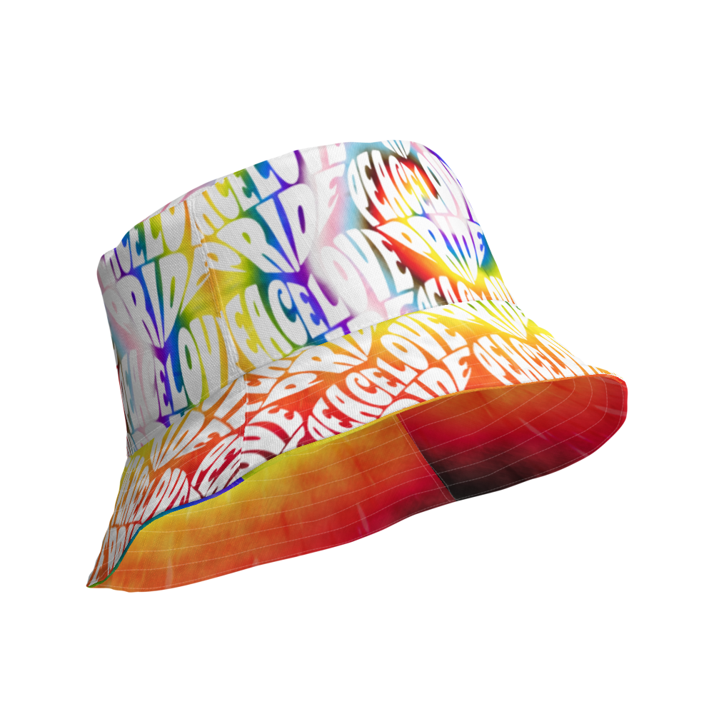 PEACE LOVE PRIDE Reversible Bucket Hat - progress pride tie-dye deco