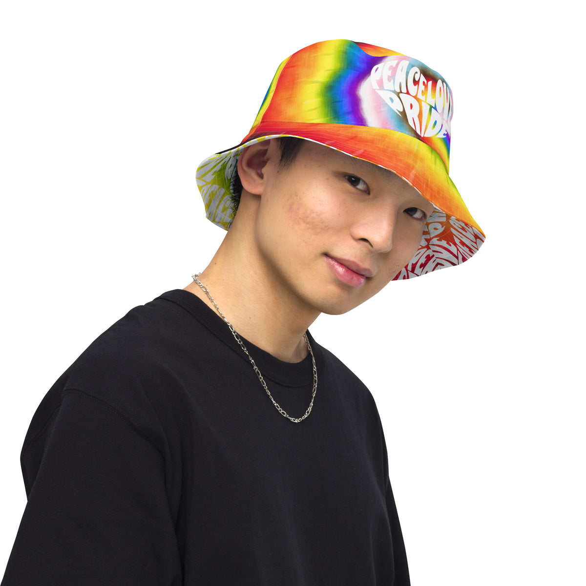 PEACE LOVE PRIDE Reversible Bucket Hat - progress pride tie-dye deco