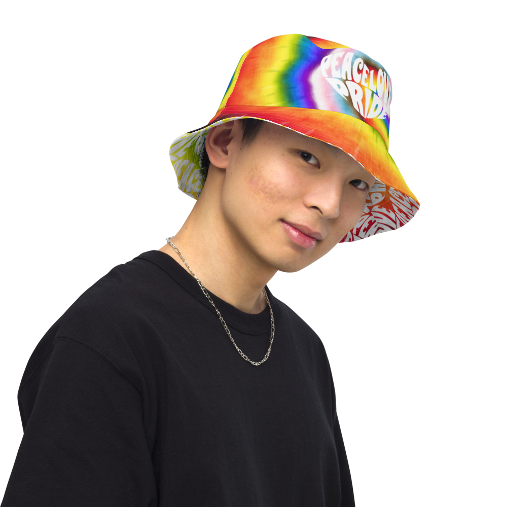 PEACE LOVE PRIDE Reversible Bucket Hat - progress pride tie-dye deco